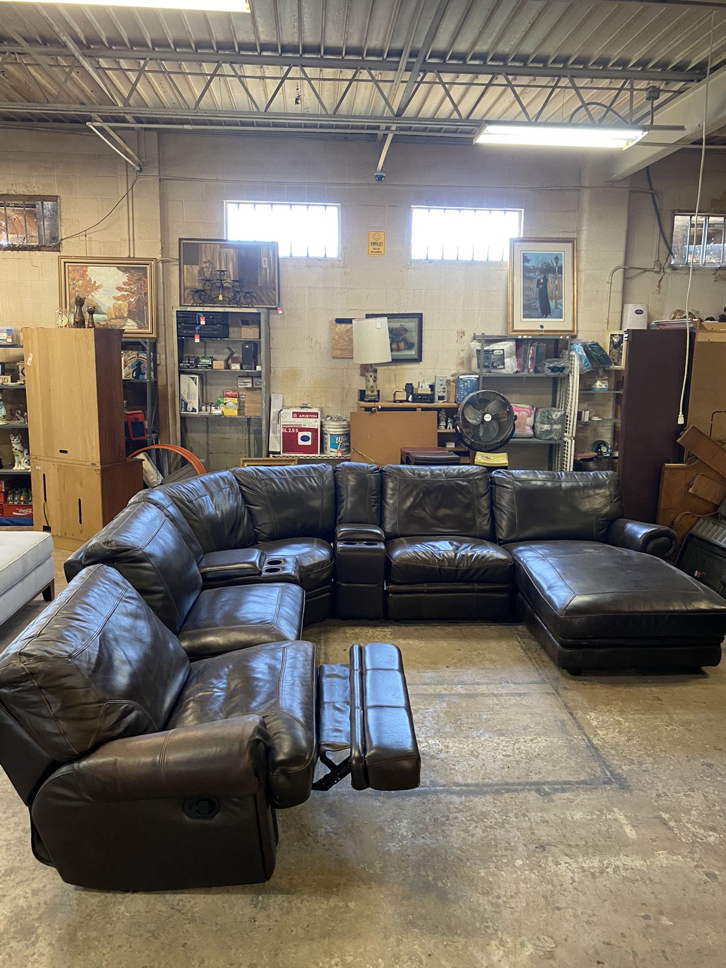 Large Dark Brown Leather Reclining Sectional Couch