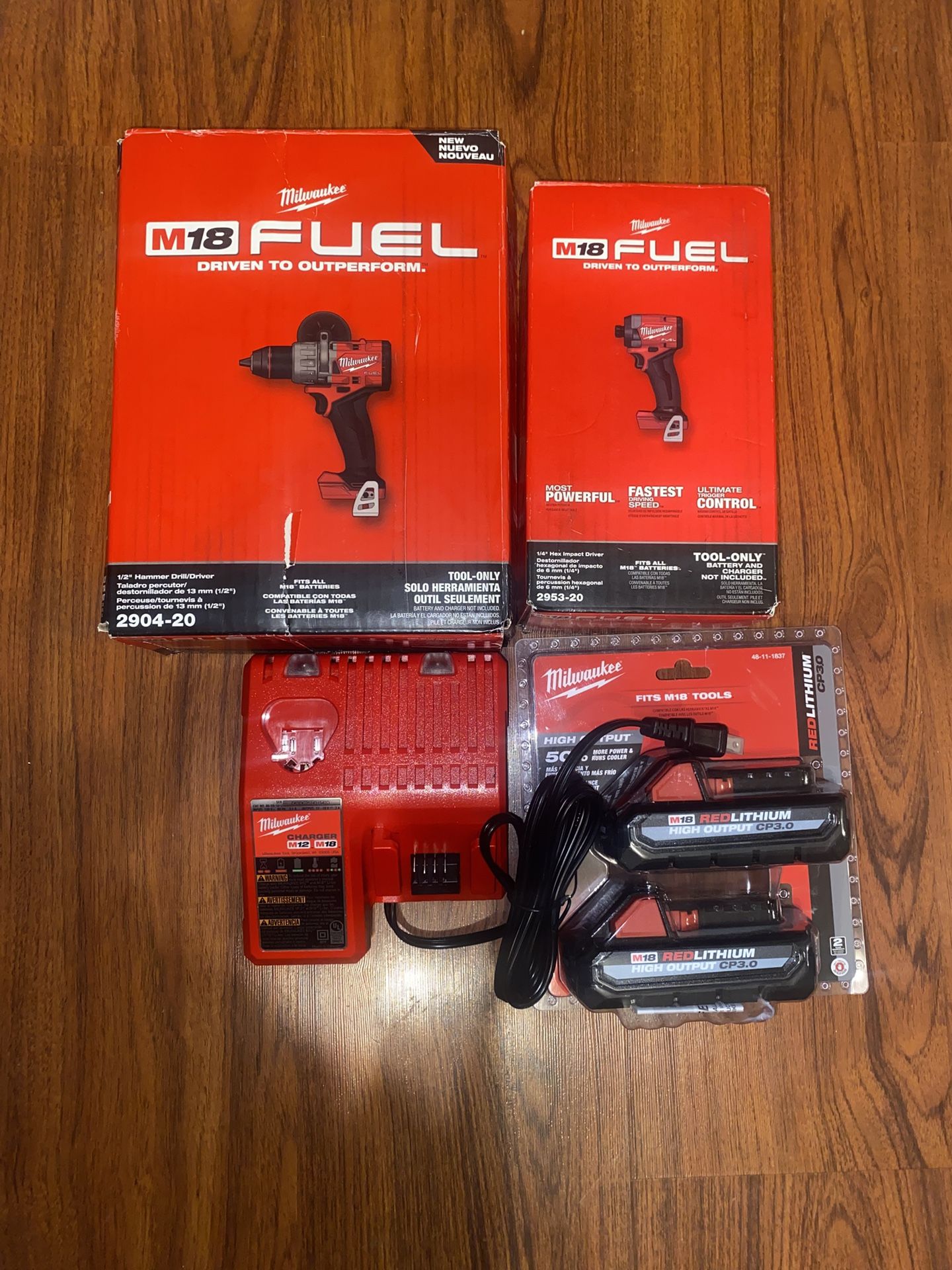 (1) Milwaukee M18  Fuel Hammer Drill/Driver(2904-20)  (1)M18 Fuel Impact Driver(2953-20)  (2) M18 3.0Ah high output Battery  (1) M12/M18 Charger
