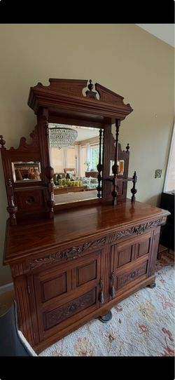 Handsome English Antique Carved Walnut Sideboard