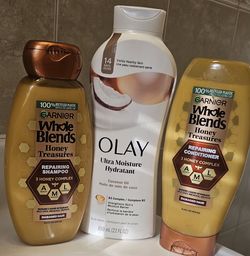 Garnier Whole Blends Honey Treasures Shampoo & Conditioner + Olay Body Wash Bundle