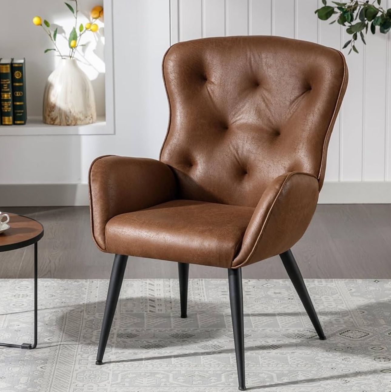 BFZ Faux Leather Accent Chair with High Back Design, Armchair with Metal Legs in Modern Style, Comfy Upholstered Wingback Chair for Living Room, Bedro