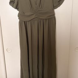 SHEIN Olive Green Flutter Sleeve Maxi Dress with Buttoned Waist
