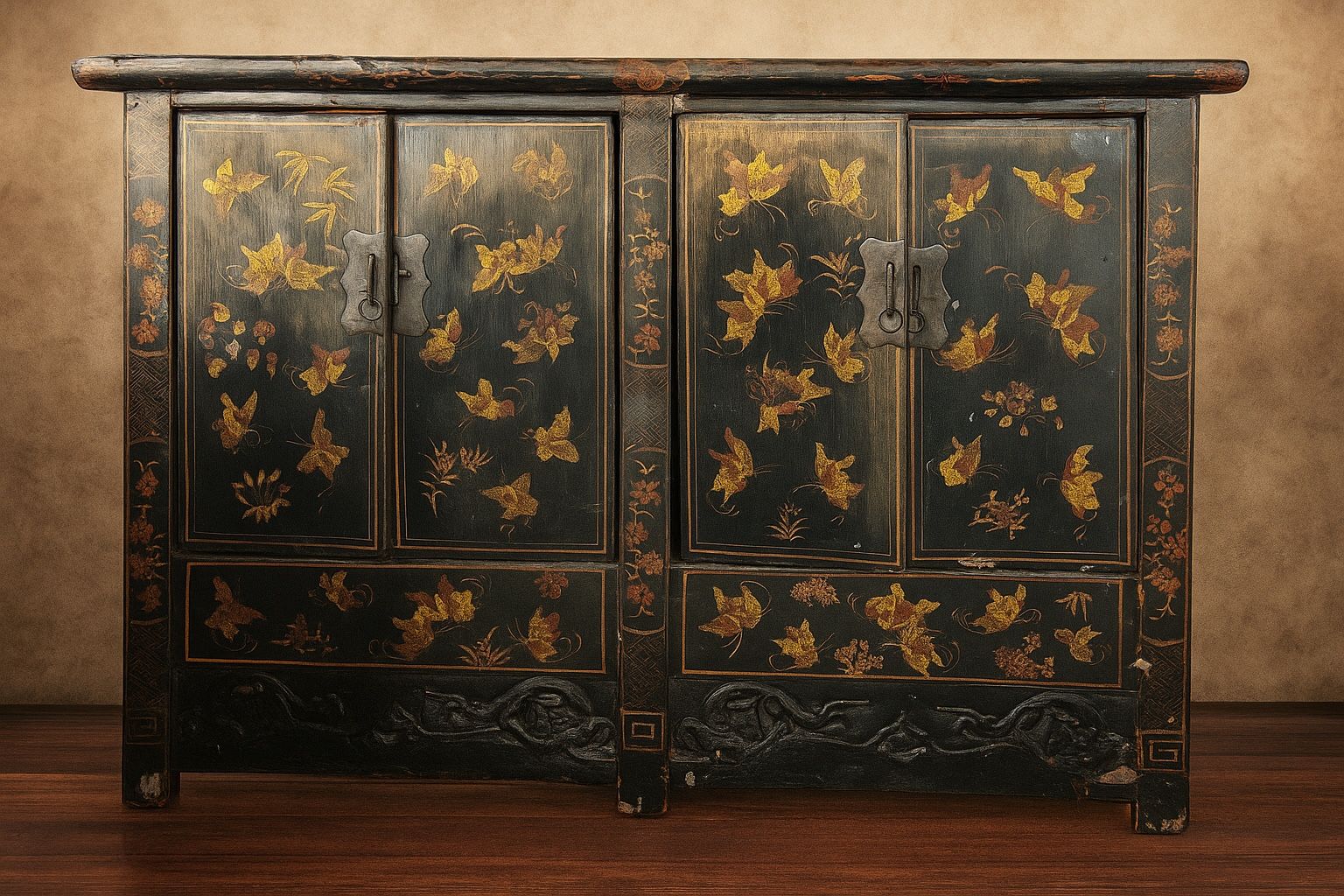 Chinese Lacquered Butterfly Motif Cabinet