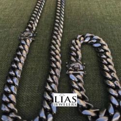 New 18k White Gold Cuban Link Chain And Bracelet Set 