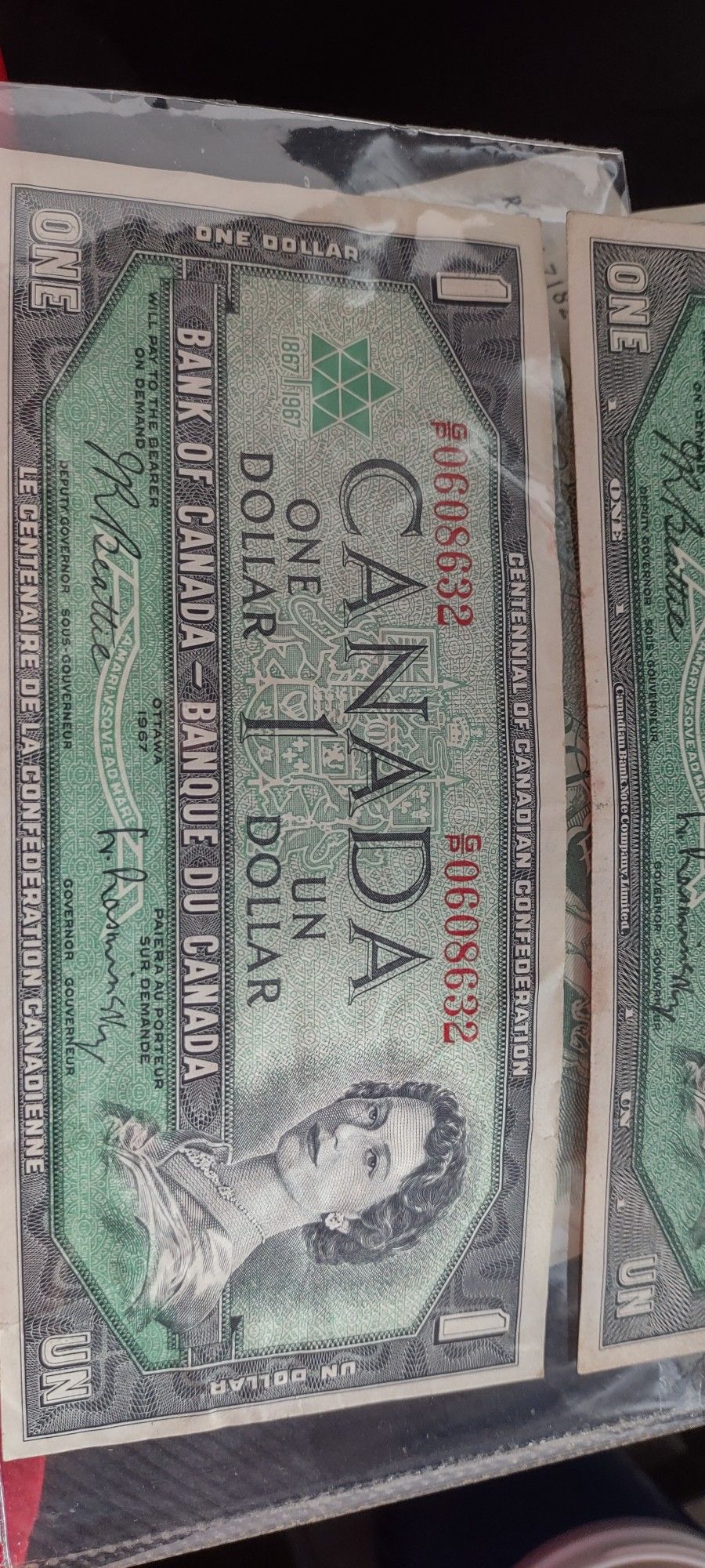 Queen Elizabeth II Canada One Dollar Bill 1867-1967