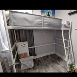 Grey, White Loft Twin Bed And White Wooden Desk
