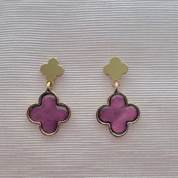 MAGENTA Clover REAL Enameled Stud Drop Earrings NEW!!
