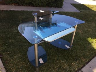 Blue Glass Computer Desk/removable bottom shelves