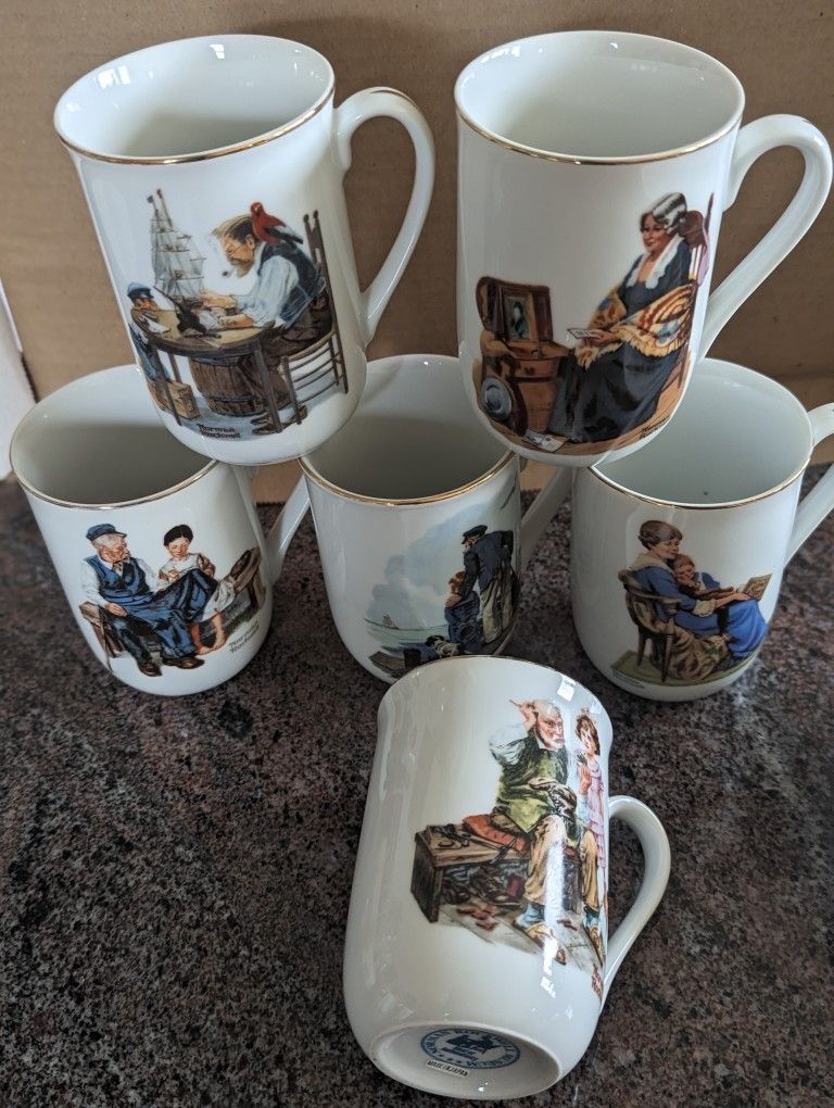 Vintage 6 Norman Rockwell museum Mugs made in japan& 4 plates with gold trim (each $5