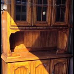 Huge Sturdy Wooden 2 piece China Curio Cabinet Glass Doors Lighted GORGEOUS