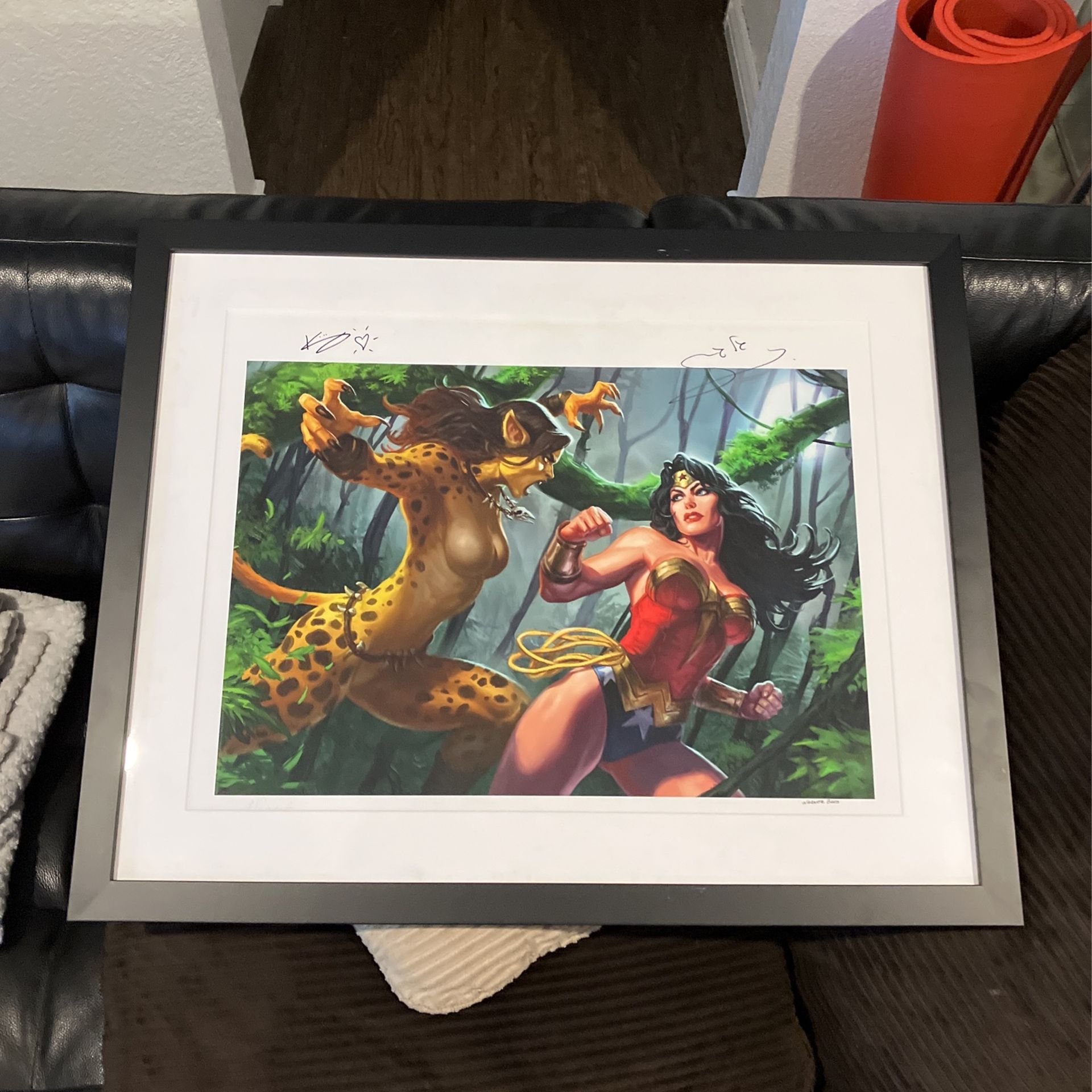 Beautifully Framed Sideshow Wonder Woman Cheetah Print Signed By Gal Gadot & Kristen Wiig