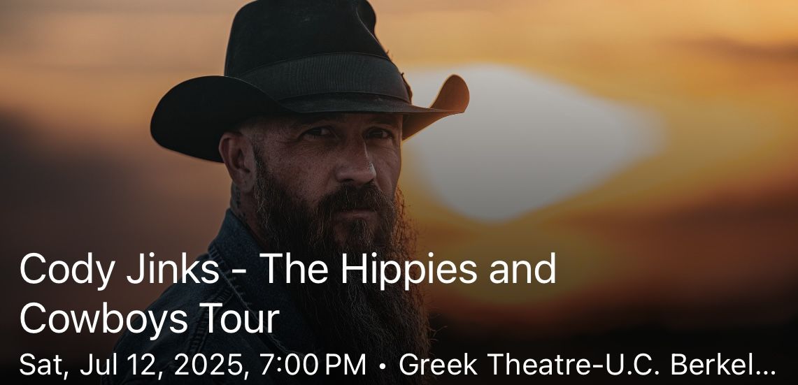 Cody Jinks Concert Tickets (2) 7/12 Berkeley cA