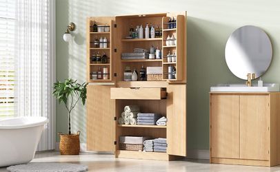 K&K 72 Tall Farmhouse Kitchen Pantry Cabinet with 8 Door Shelves, Curved Design Storage Cabinet with 3 Adjustable Shelves, Hidden Drawer, Versatile Cu