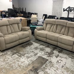 New Reclining Couch / Love Seat.  Beige Chenille Fabric.  Free Delivery!