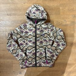 Patagonia Women’s Retro Pile Fleece Hoodie Jacket Brown Purple Geometric Sz S