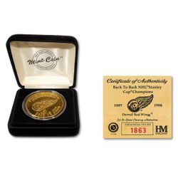 Detroit Red Wings 1997 & 1998 Back-to-Back Stanley Cup Champions 24KT Gold Overlay Medallion