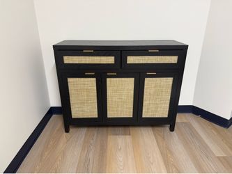 Black and Rattan Sideboard Cabinet