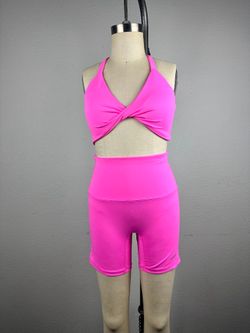 CEO Active Pink Halter Twist Sports Bra Biker Shorts Set Size Small