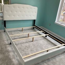 Full Size White Faux Leather Upholstered Bed Frame with Tufted Headboard