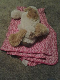 Stuffed dog and blanket