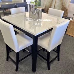 Beautiful! 5-pc Dining Table Set White Faux Leather Upholstered Chairs