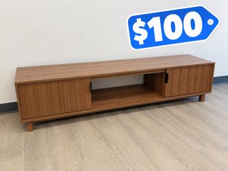 Brown wood media console cubby storage TV stand