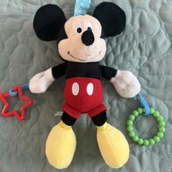 🐭 Mickey Mouse Baby Plush Toy with Teether Rings – Soft Hanging Toy