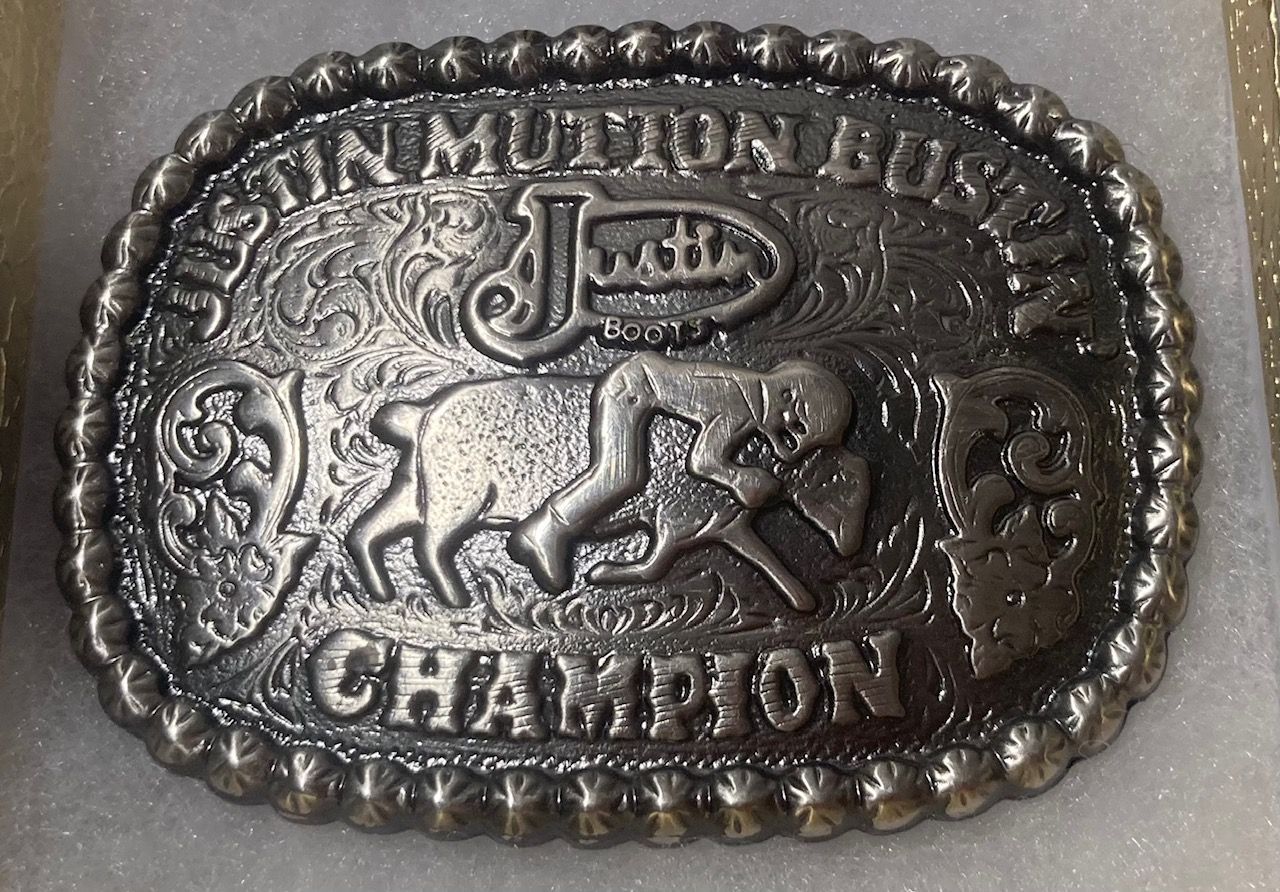 Vintage 1996 Metal Belt Buckle, Justin Mutton Bustin Champion, Nice Western Style Design, 3 1/4" x 2 1/4", Heavy Duty, Quality, Thick Metal, Made in U