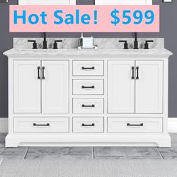 60”white double sink bathroom vanity with carrara white marble stone top