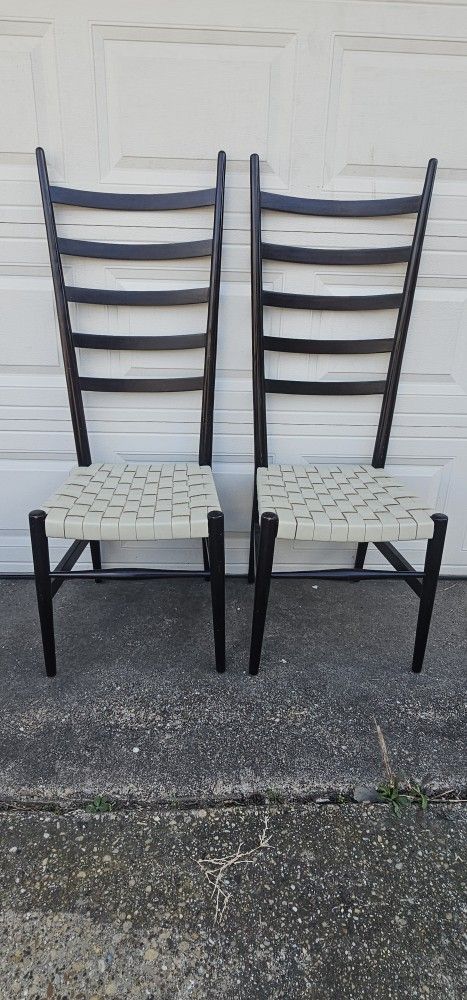 Tall Ladder-Back Dining Chairs w/ Woven Leather Seats
