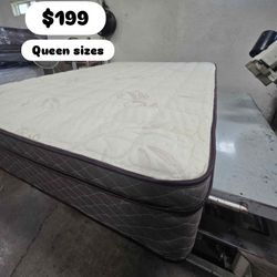 Queen sizes organic cotton euro pillow top 12” medium firm  Mattress only $199 Mattress with box spring $260 Delivery $30 All sizes available  Se abla