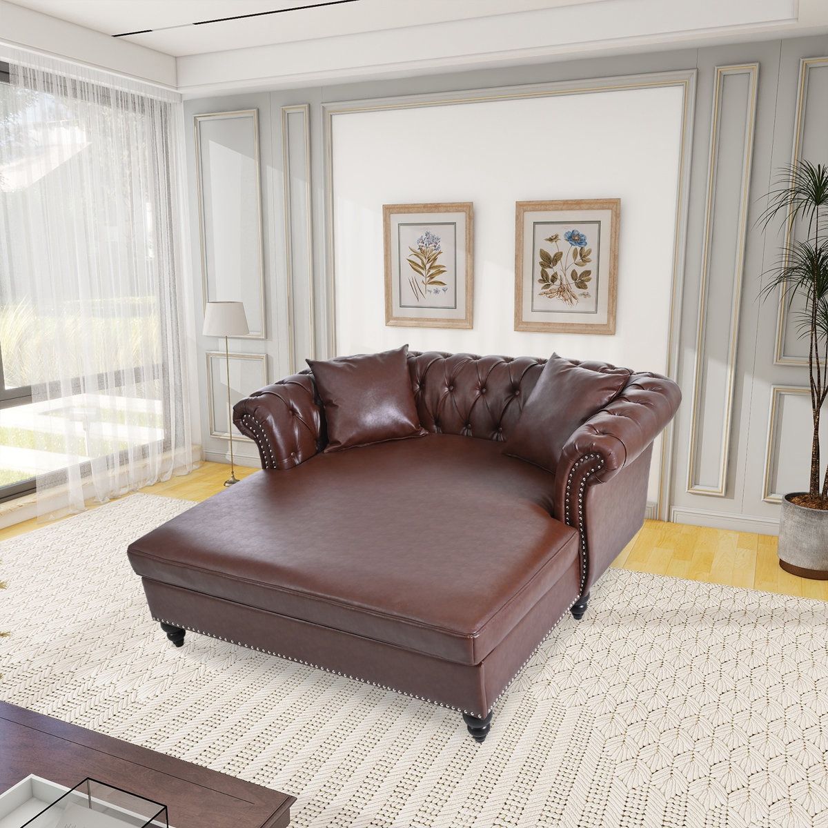 NEW Brown PU Faux Leather 63" Loveseat Chaise Lounge Couch with 2 Pillows, Upholstered PU Leather Loveseat Chaise Sofa 2-Person with Tufted