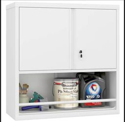 White Metal Wall Cabinet, Double-Door Storage Cabinet w/ Adjustable Shelves for Kitchen, Laundry Room and Garage