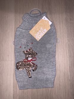 New XS Holiday Reindeer Pet Sweater Gray Sequin Dog Cat Christmas