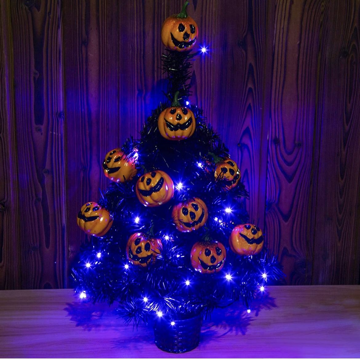 21.6” 30 LED Halloween Black Spooky Tree Glittered with Purple Lights & 12 Pumpkin Decorations,Battery Powered for Halloween Indoor Tabletop Decoratio