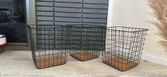 Black Wire Storage Baskets with Wood Base Set of 3