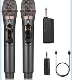 Wireless Microphones, Metal Dynamic Microphone System with Rechargeable Receiver, 50H Duration, 200ft Range, Microphone for Karaoke Singing, Wedding, 