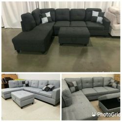 Brand New Linen Fabric Sectionals With Storage Ottoman 
