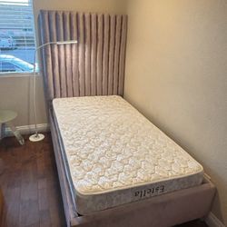 Twin Size Pink Suede Headboard + Mattress – Excellent Condition
