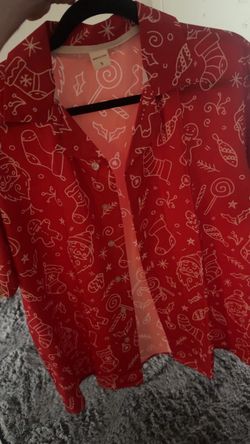 Red Christmas Print Button-Up Shirt Size S