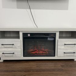 Modern TV Stand with Electric Fireplace – Storage Drawers + Shelves