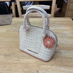 Brahmin Purse Handbag White Crocodile And Pink Ostrich Leather Bag With Strap
