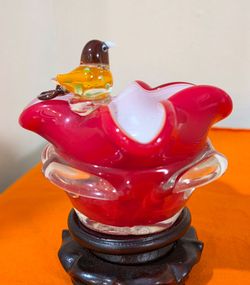 Murano Style Art Glass Blue Bowl with Bird Figurine - 4"