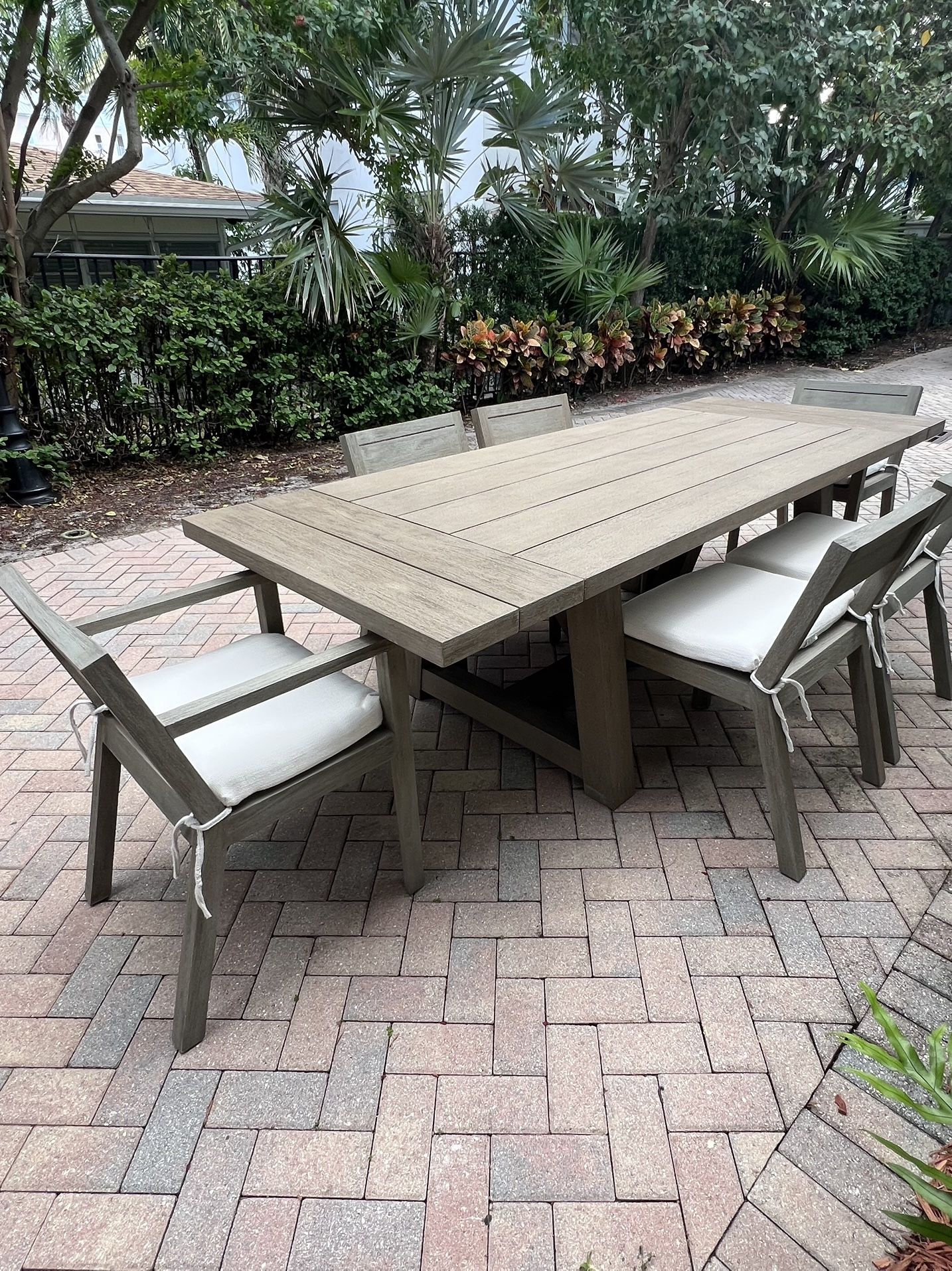 Restoration Hardware French Beam Teak rectangular dining set with six chairs. RH. Patio furniture. Outdoor dining set. 
