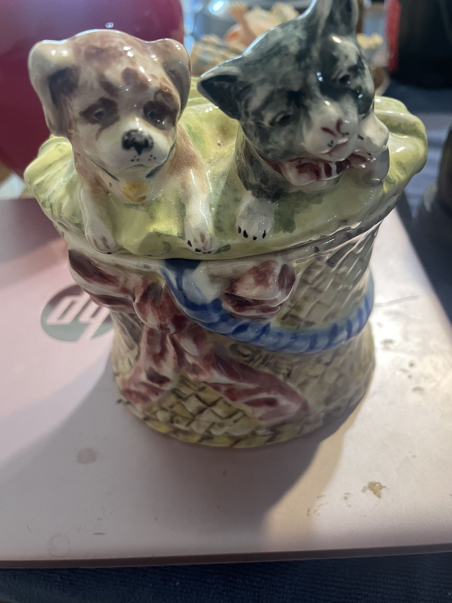 Majolica International Society White Ceramic Dog Jar Majolica, Barbotine, European Cat & Dog Tobacco Jar