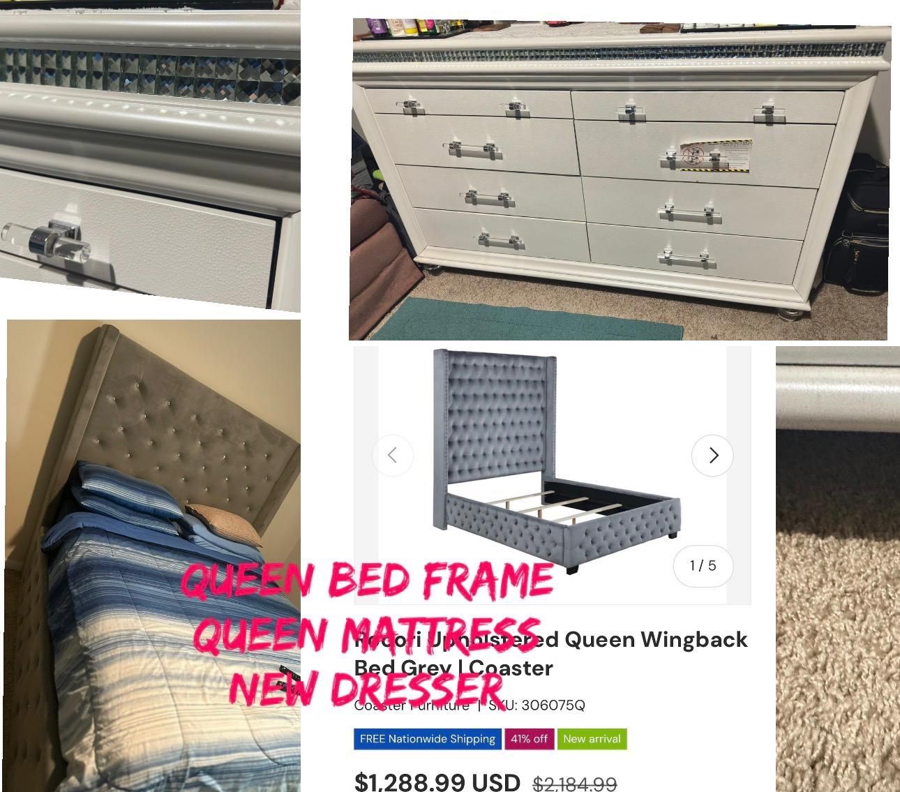 $650 Queen bed Frame/ Mattress/dresser Drawer