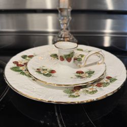 Hammersley Strawberry Ripe Bone China Plate & Candle Holder England Gold Trim