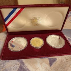 1984 U.S. Olympics Gold & Silver Proof - 3 Coin Set w/Box & certificate