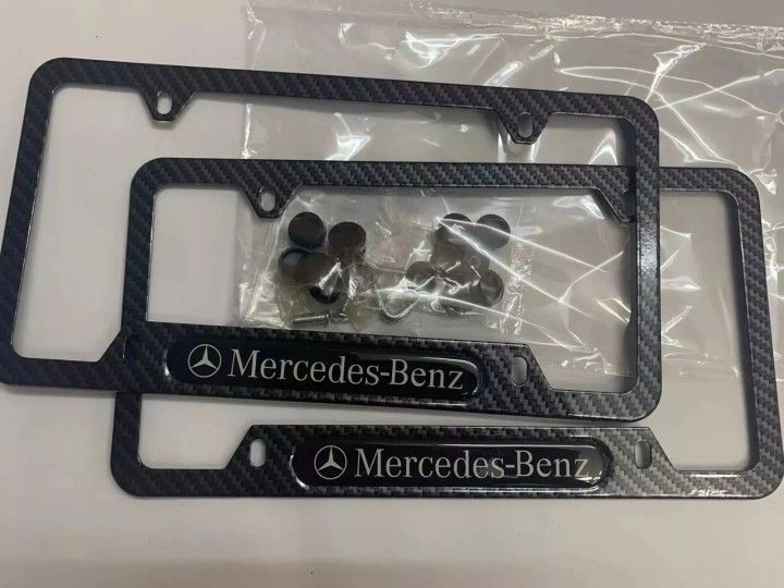 2 Pcs. Carbon Fiber Style Texture License Frame Plate Cover Sport For Mercedes-Benz and Tire Caps