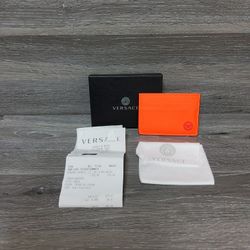 Versace Medusa Leather Card Holder Wallet Neon Orange With Box And Receipt